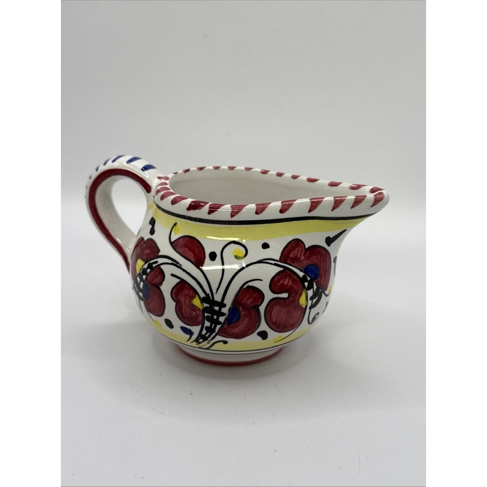 DERUTA Italian Pottery Hand Painted rED White & Multi-Color Creamer Pitcher 3"